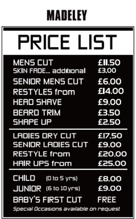 Madeley price list